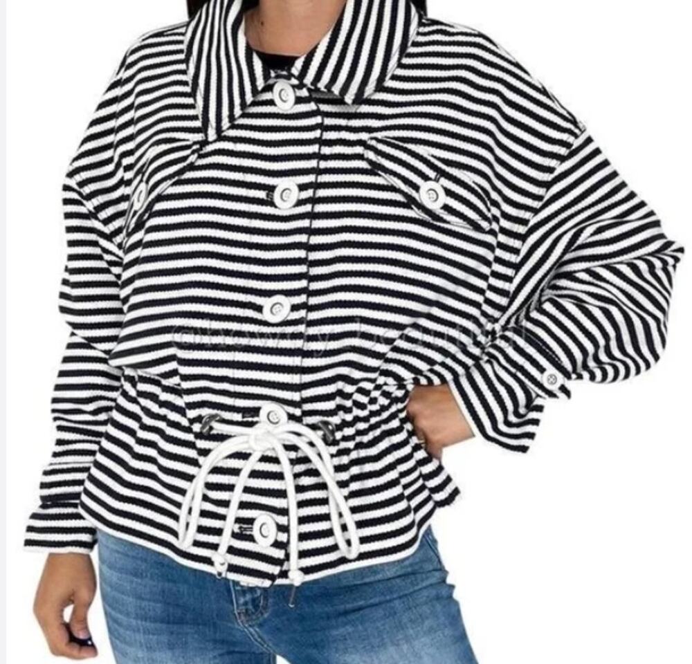 CAbi #5654 Women Medium Blue/White Nautical Striped Harbor Jacket Drawstring S